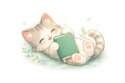 安心日記のマスコットキャラクター、本を抱っこして眠る猫のイラスト